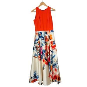 Carmen Marc Valvo Floral Full Length Cocktail Dress Orange 6 Sleeveless